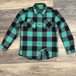 Boys Shreddy Dixxon Aqua and Black Plaid Shirt. In good condition